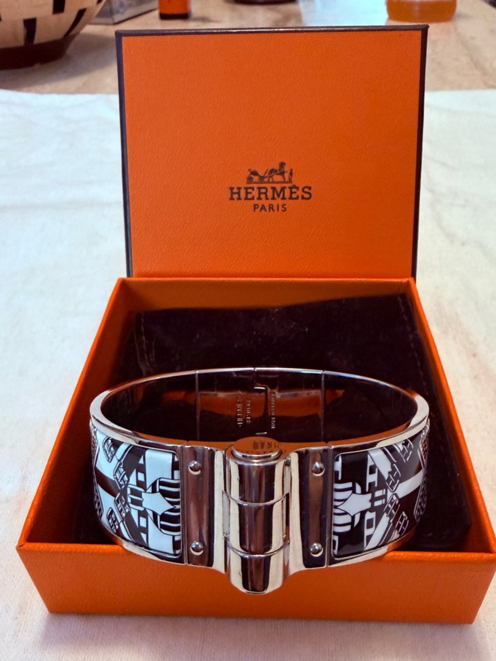 Hermès Black and White Enamel Wide Cuff Bracelet